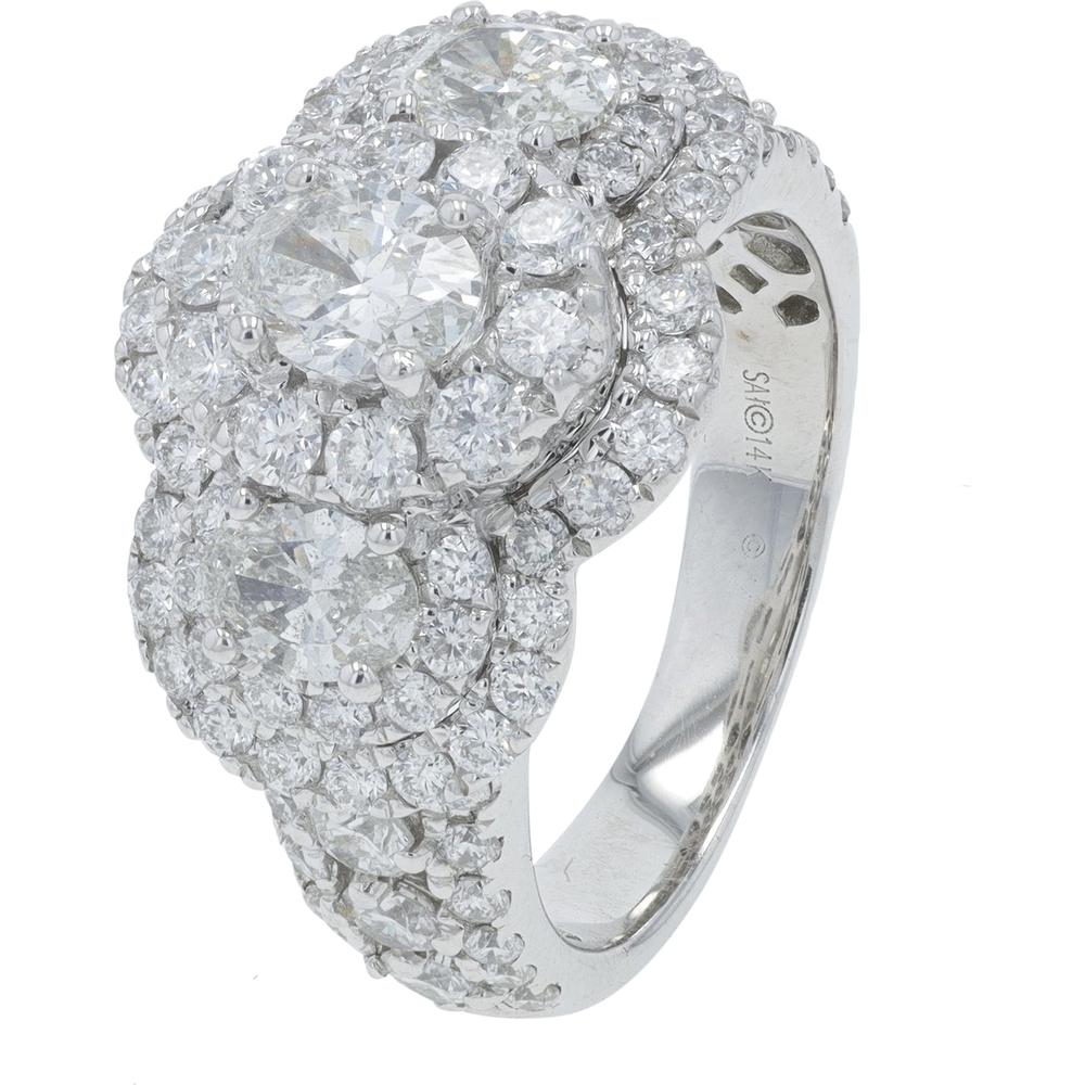 14K White Gold 3 Carat Total Weight Three Oval Diamond Halo Engagement Ring