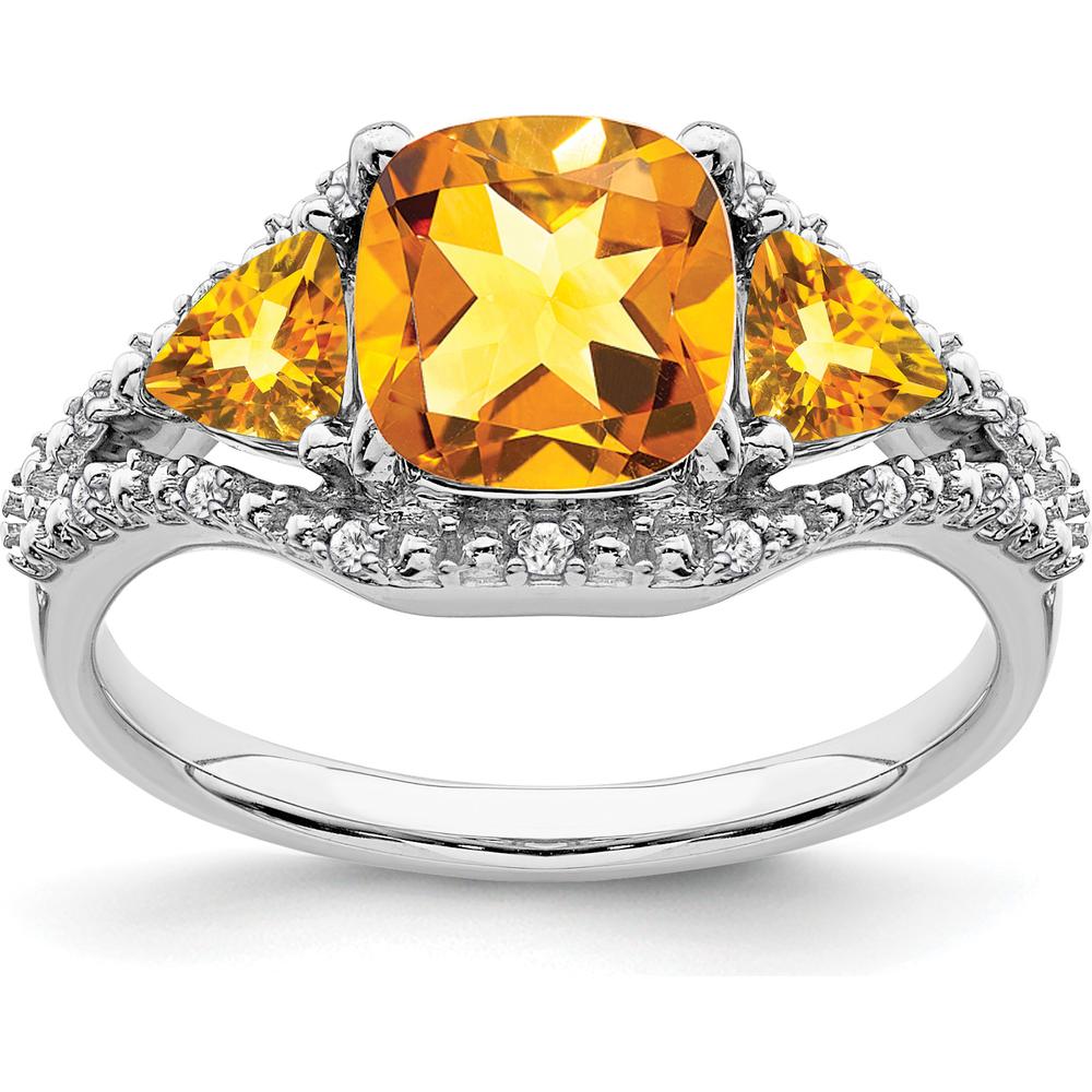 14K White Gold 3-Stone Citrine and Diamond Ring with Cushion and Trillion Cut Gems - 1.814 Carat Total Gemstone Weight by 0