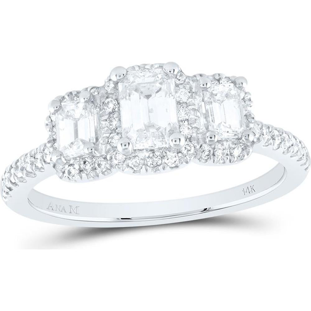 14K White Gold 3-Stone Diamond Ring with Emerald and Round Cut Diamonds - 1.17 Carat Total Diamond Weight