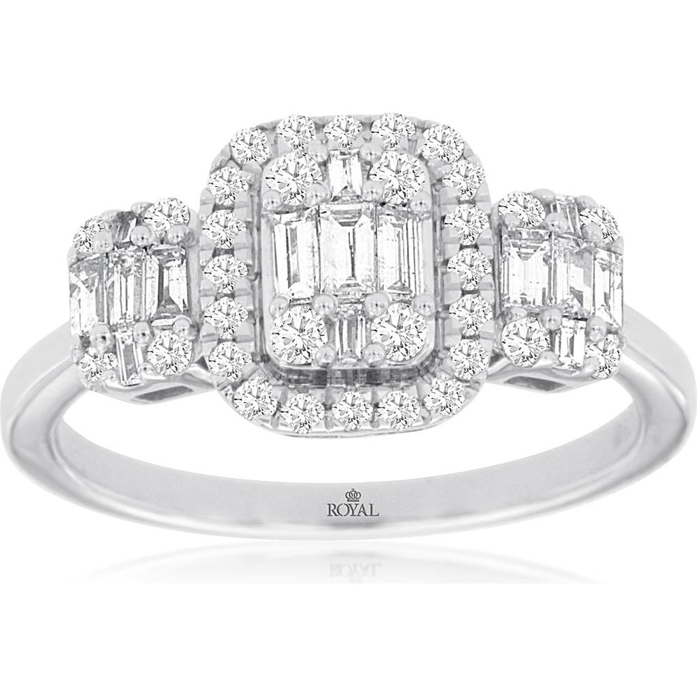 14K White Gold 3-Stone Diamond Ring with Halo and Milgrain Details - 0.65 Carats Total Diamond Weight