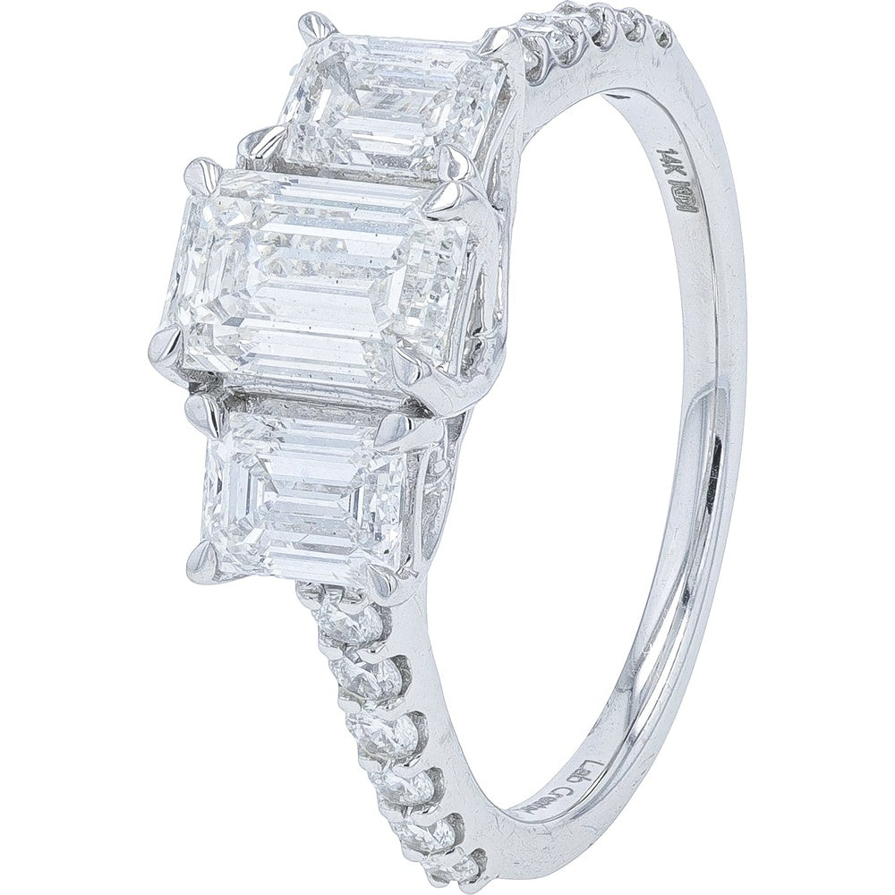 14K White Gold 3-Stone Engagement Ring with 1.00 Carat Emerald Cut Center and Lab Grown Diamonds - 2.00 Carat Total Diamond Weight