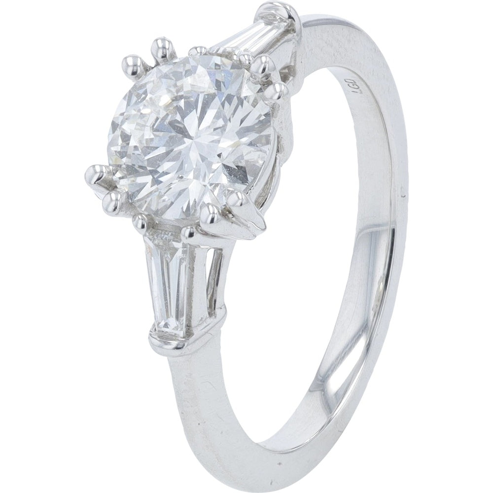 14K White Gold 3-Stone Engagement Ring with 1.50 Carat Round Lab Grown Diamond and Baguette Accents - 1.75 Carat Total Diamond Weight