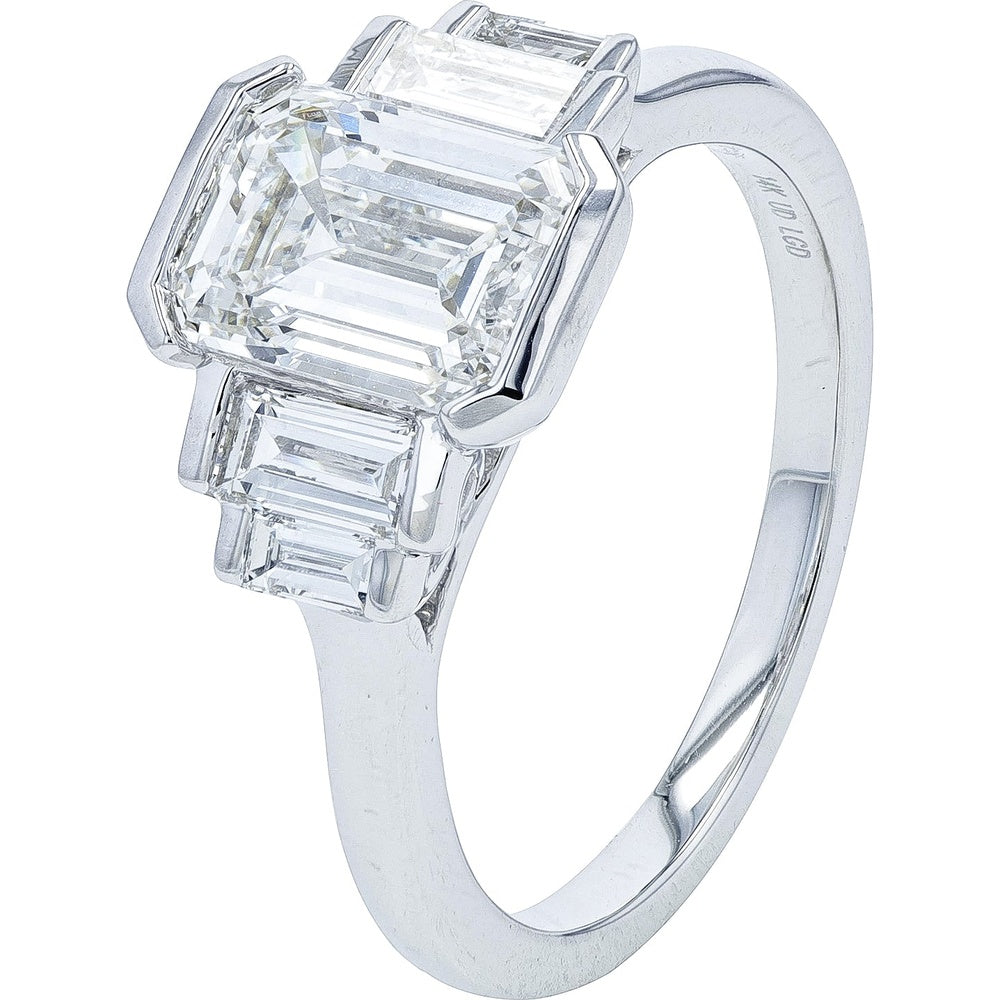 14K White Gold 3-Stone Engagement Ring with 2.00 Carat Emerald Cut Lab Grown Diamond and Baguette Side Stones - 2.50 Carat Total Diamond Weight