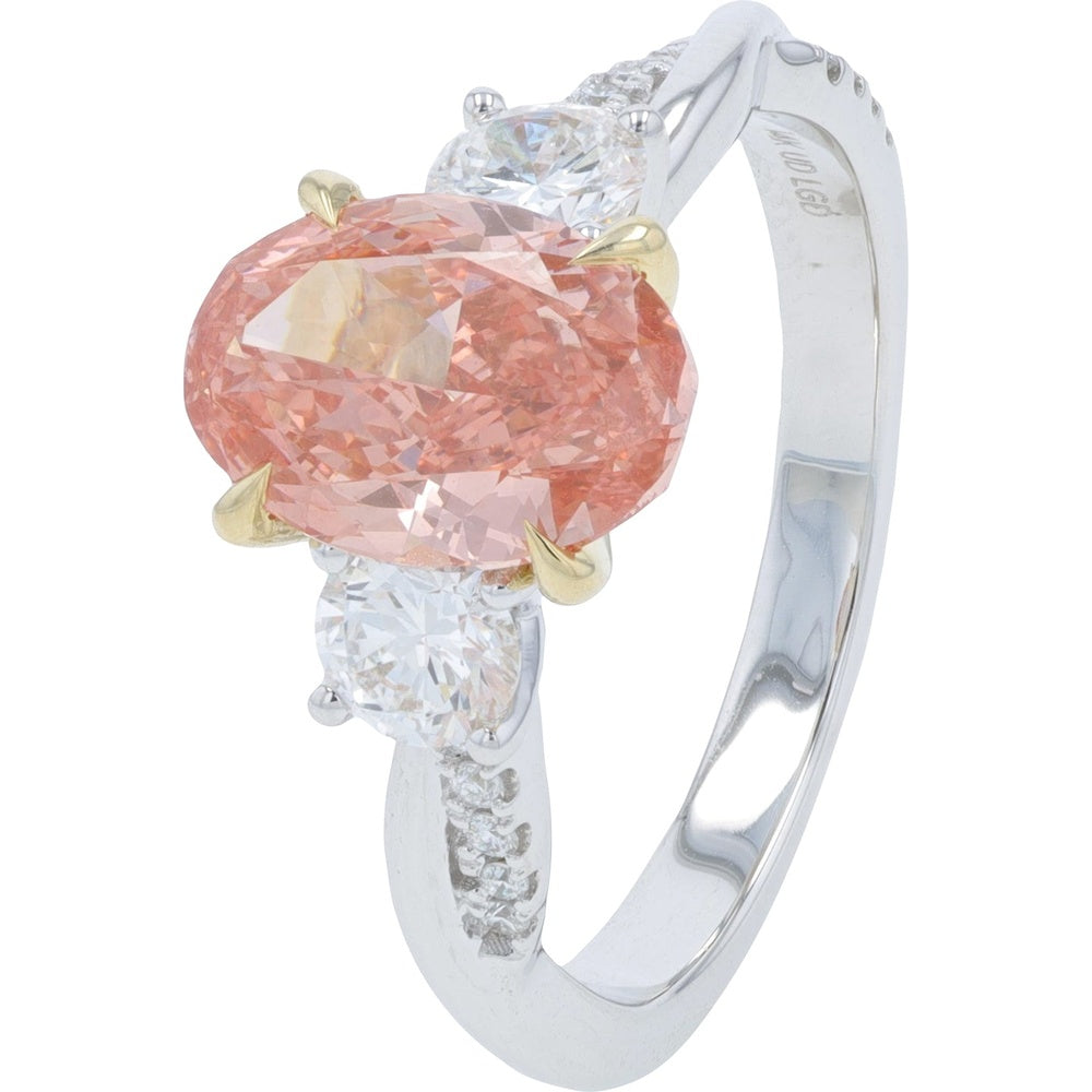 14K White Gold 3-Stone Engagement Ring with 2.00 Carat Pink Oval Lab-Grown Diamond and White Accents - 2.50 Carat Total Diamond Weight
