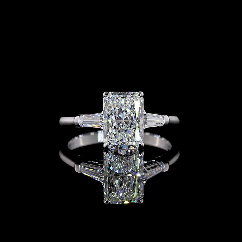 14K White Gold 3-Stone Engagement Ring with 2.06 Carat Radiant Cut Lab Diamond and Tapered Baguette Side Stones - 2.40 Carat Total Diamond Weight - Covaloro Fine Jewelry