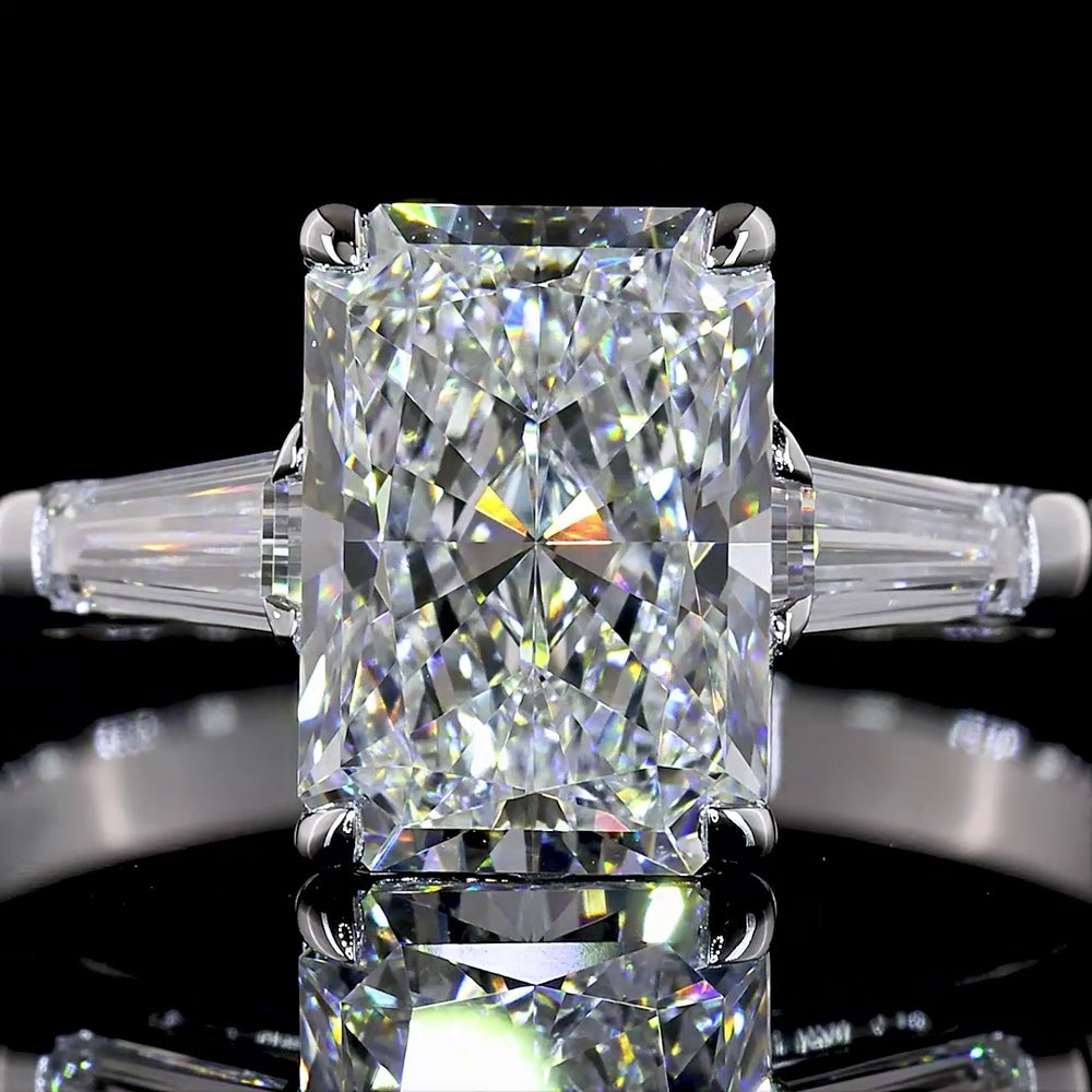 14K White Gold 3-Stone Engagement Ring with 2.06 Carat Radiant Cut Lab Diamond and Tapered Baguette Side Stones - 2.40 Carat Total Diamond Weight - Covaloro Fine Jewelry