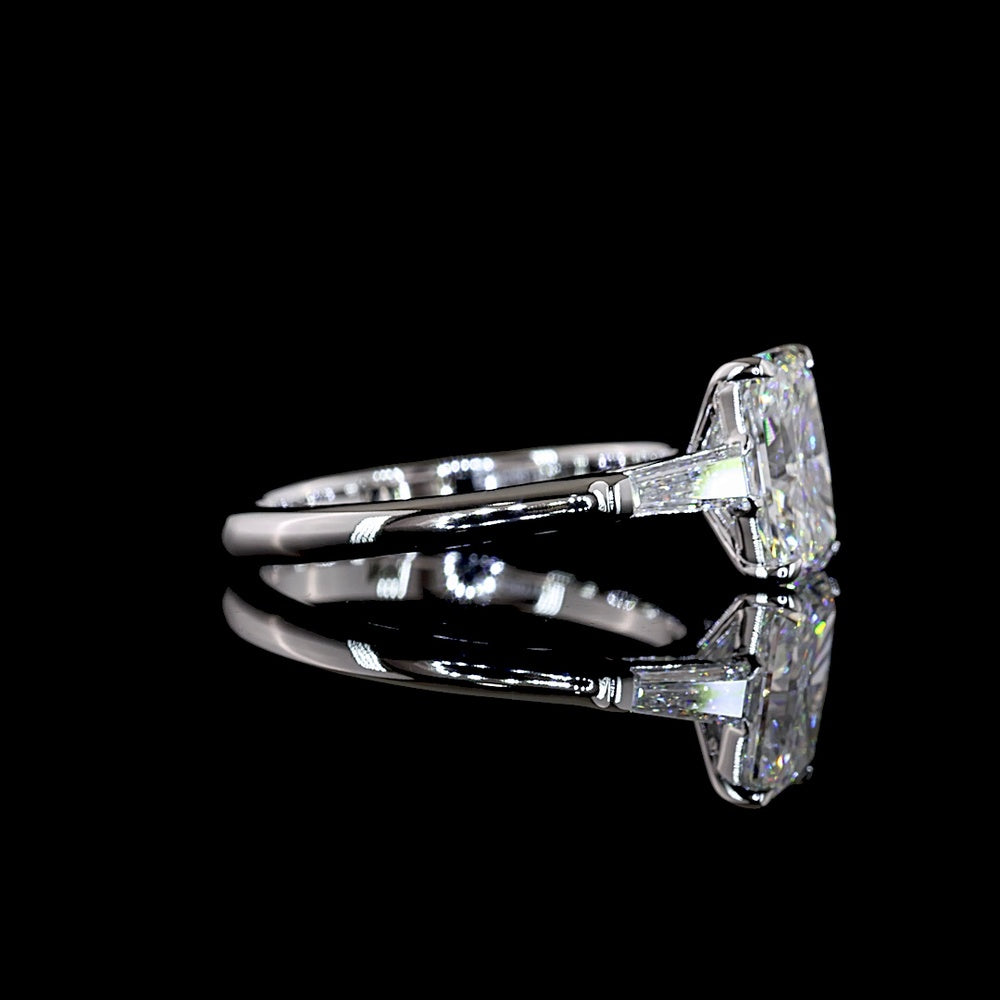14K White Gold 3-Stone Engagement Ring with 2.06 Carat Radiant Cut Lab Diamond and Tapered Baguette Side Stones - 2.40 Carat Total Diamond Weight - Covaloro Fine Jewelry