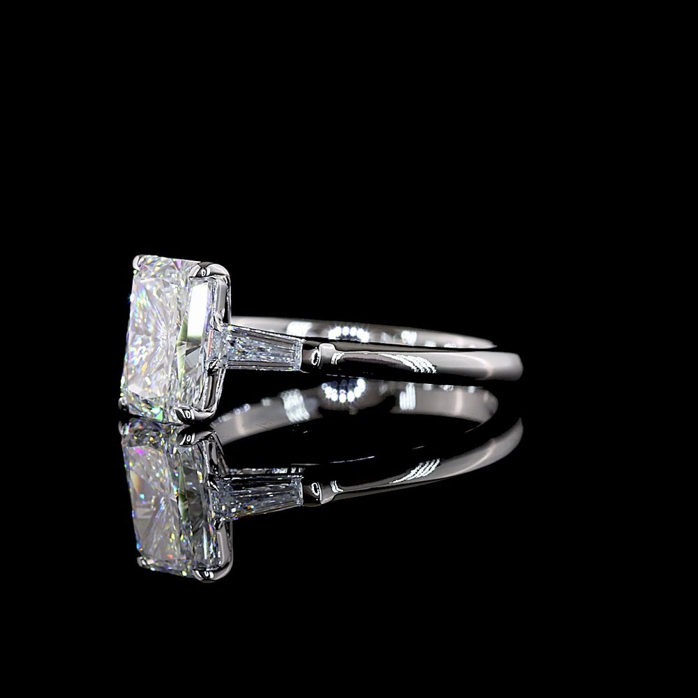 14K White Gold 3-Stone Engagement Ring with 2.06 Carat Radiant Cut Lab Diamond and Tapered Baguette Side Stones - 2.40 Carat Total Diamond Weight - Covaloro Fine Jewelry