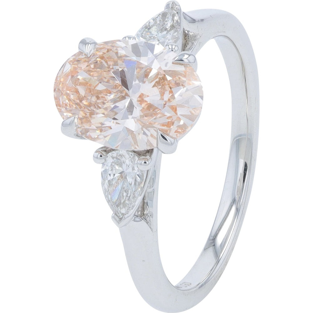 14K White Gold 3-Stone Engagement Ring with 2.10 Carat Pink Oval Lab Grown Diamond and 0.40 Carat Pear-Cut Clear Diamonds - 2.50 Carat Total Diamond Weight