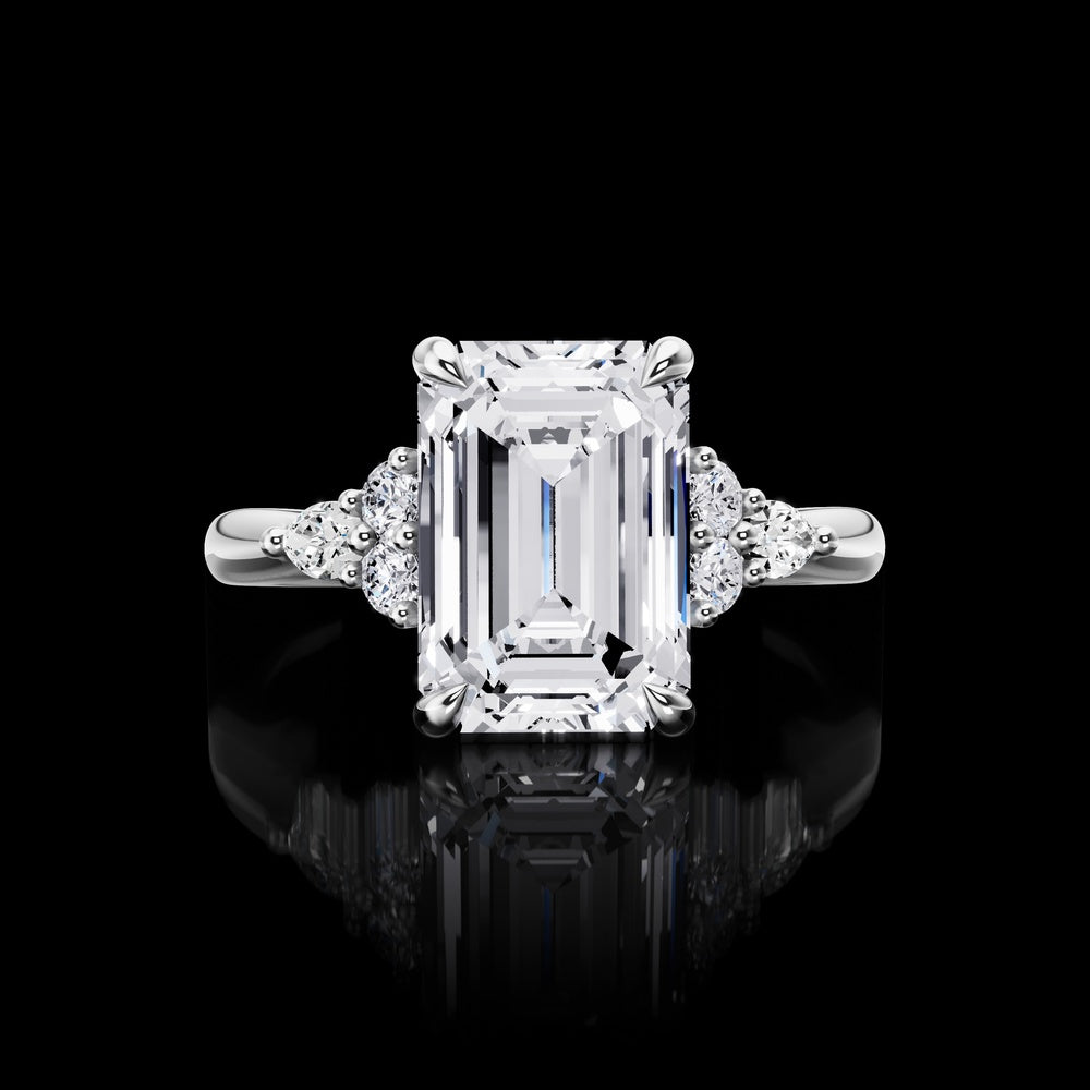 14K White Gold 3-Stone Engagement Ring with 3.20 Carats Emerald Cut Lab Diamond and Accent Stones (Marquise & Brilliant Cut) - 3.45 Carats Total Diamond Weight - Covaloro Fine Jewelry
