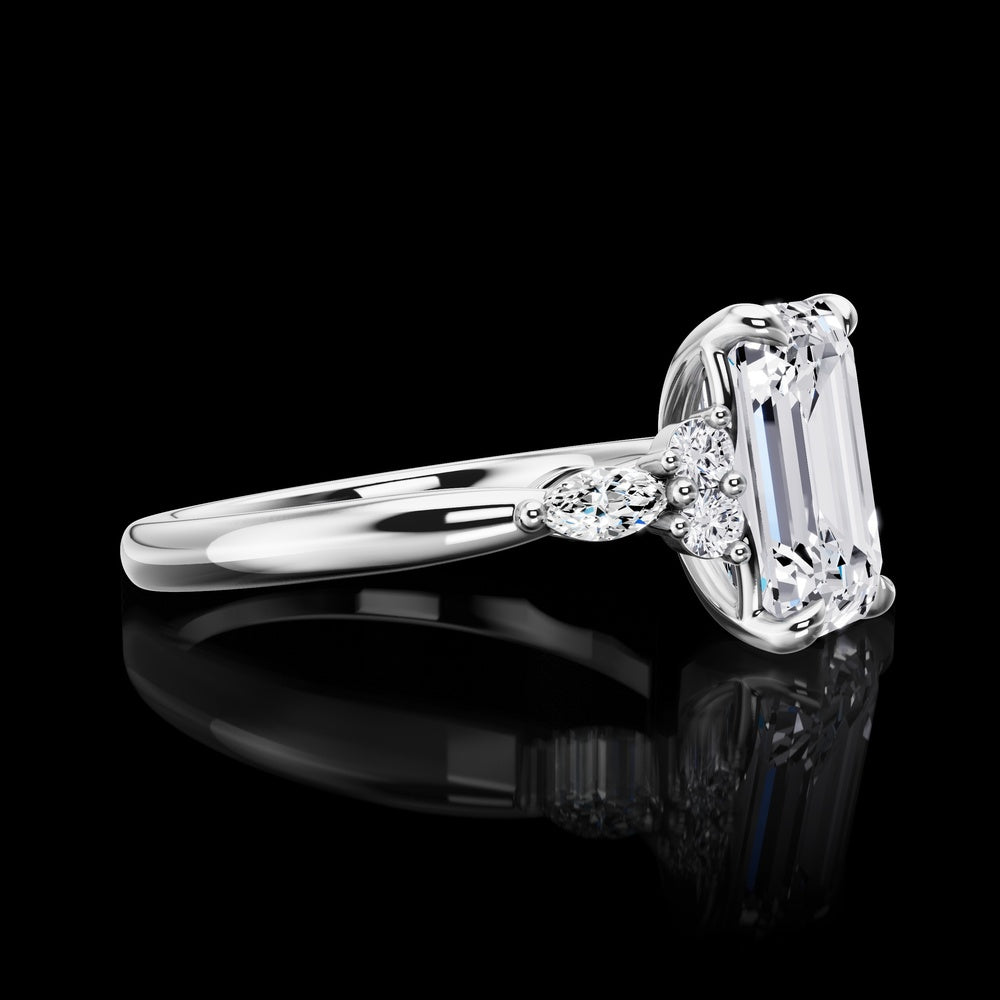 14K White Gold 3-Stone Engagement Ring with 3.20 Carats Emerald Cut Lab Diamond and Accent Stones (Marquise & Brilliant Cut) - 3.45 Carats Total Diamond Weight - Covaloro Fine Jewelry