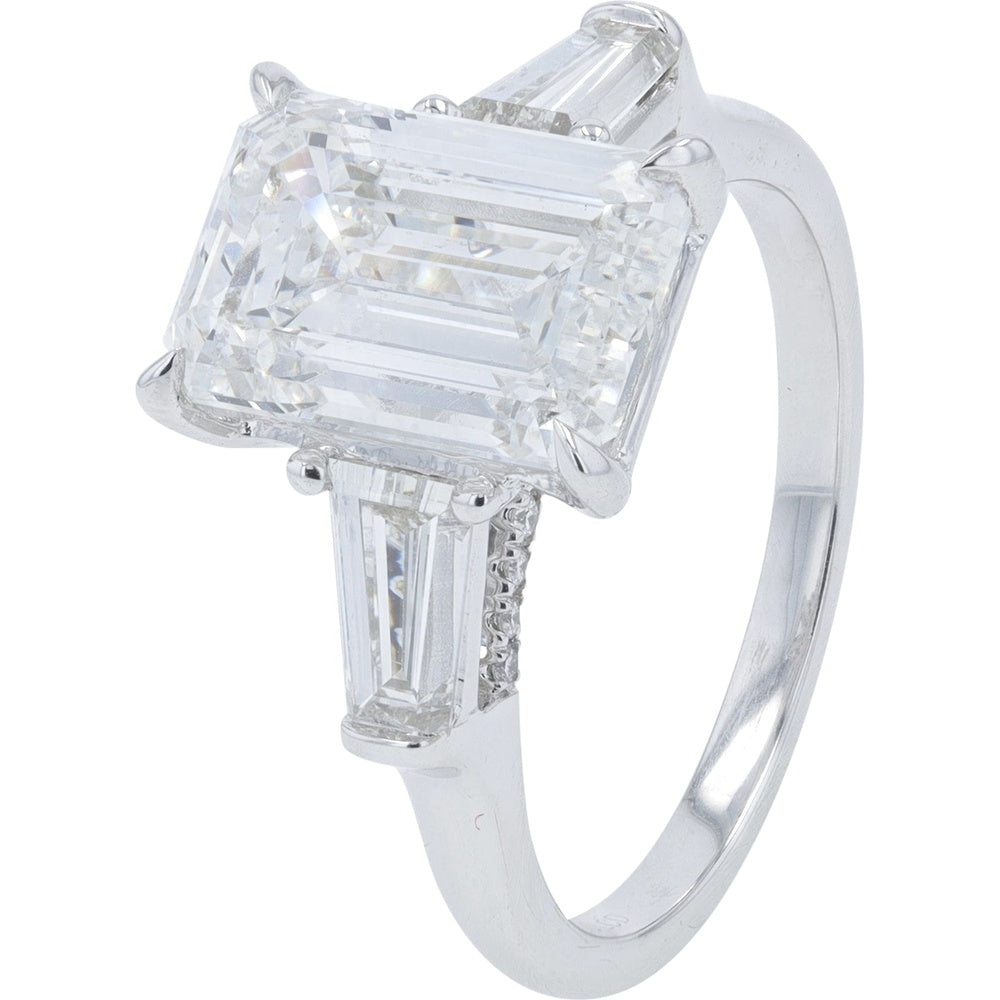14K White Gold 3-Stone Engagement Ring with 4.00 Carat Emerald Cut Lab Grown Diamond and Tapered Baguettes - 4.75 Carat Total Diamond Weight