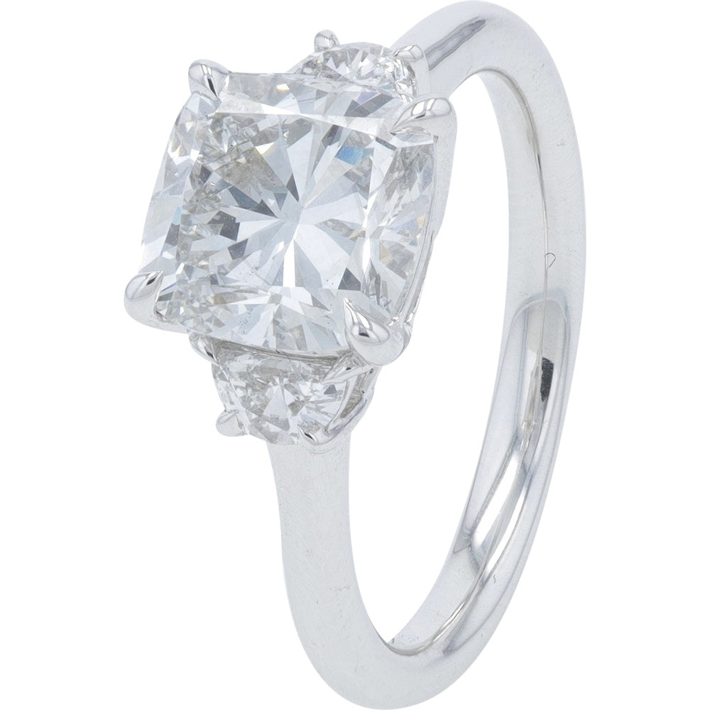 14K White Gold 3-Stone Engagement Ring with Cushion Cut Lab Grown Diamond - 3.25 Carat Total Diamond Weight