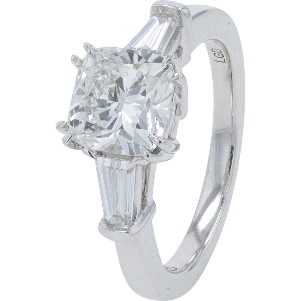 14K White Gold 3-Stone Engagement Ring with Cushion Cut Lab Grown Diamond and Baguette Side Stones - 2.50 Carat Total Diamond Weight