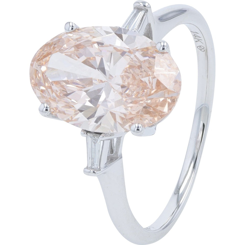 14K White Gold 3-Stone Engagement Ring with Oval Lab Grown Champagne Diamond and Baguette Side Stones - 3.50 Carat Total Diamond Weight