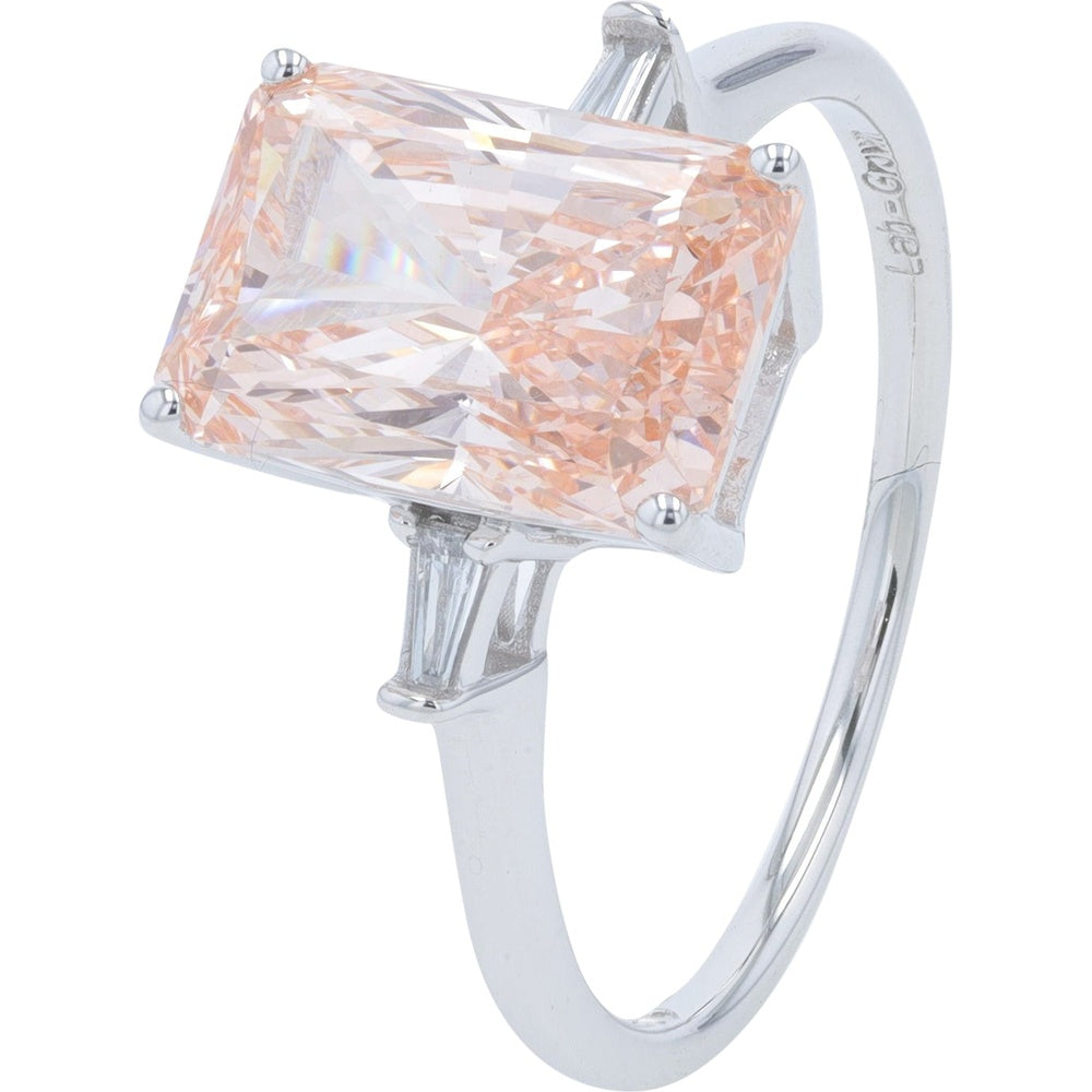 14K White Gold 3-Stone Engagement Ring with Radiant Cut Lab Grown Pink Diamond and Tapered Baguettes - 3.50 Carat Total Diamond Weight