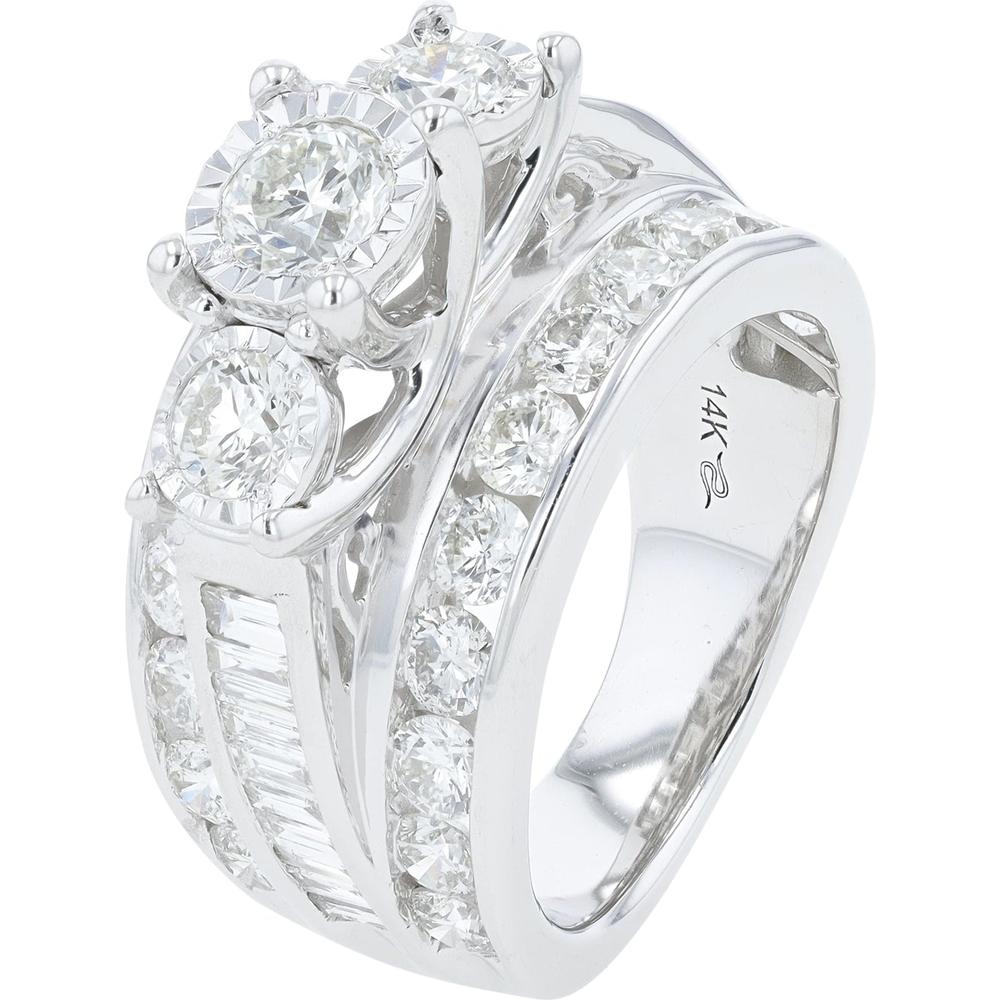 14K White Gold 3-Stone Engagement Ring with Round Diamonds - 4.00 Carat Total Diamond Weight