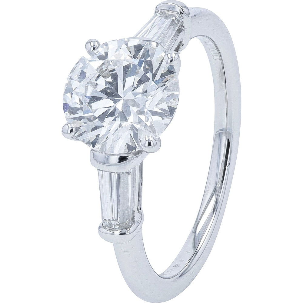 14K White Gold 3-Stone Engagement Ring with Round Lab-Grown Diamond and Baguette Side Stones - 2.50 Carat Total Diamond Weight