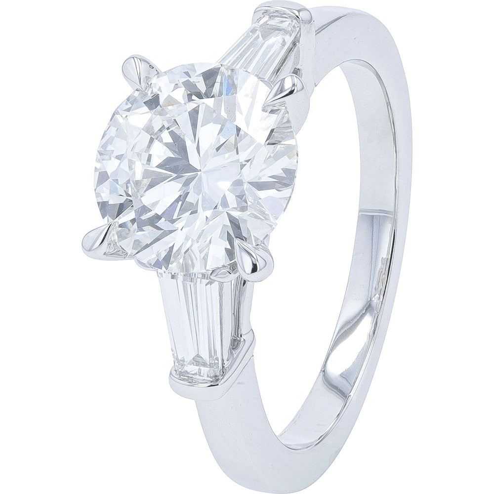 14K White Gold 3-Stone Engagement Ring with Round Lab Grown Diamond and Baguette Side Stones - 3.00 Carat Total Diamond Weight