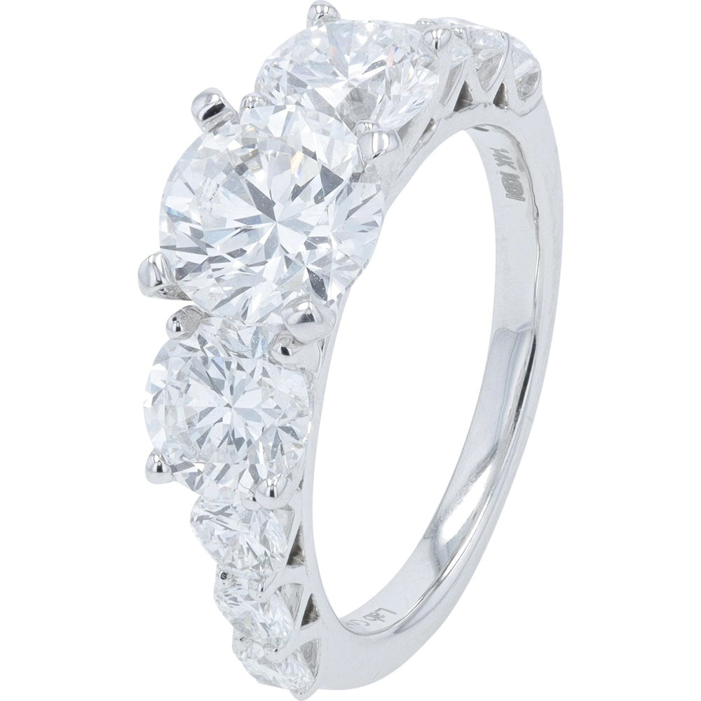 14K White Gold 3-Stone Engagement Ring with Round Lab Grown Diamonds and Accented Band - 3.75 Carat Total Diamond Weight