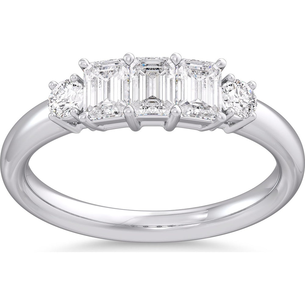 14K White Gold 3-Stone Fashion Ring with Emerald Cut and Round Diamonds - 0.94 Carat Total Diamond Weight by Auriventus