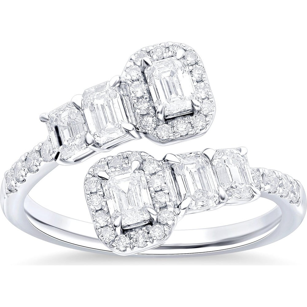 14K White Gold 3-Stone Halo Ring with Emerald Cut Diamonds and Milgrain Detail - 1.59 Carat Total Diamond Weight by Auriventus