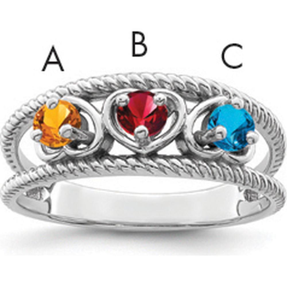14K White Gold 3-Stone Heart-Shaped Gemstone Ring with Red, Orange, and Blue Gems - Family Jewelry Design by Oro Pregiato