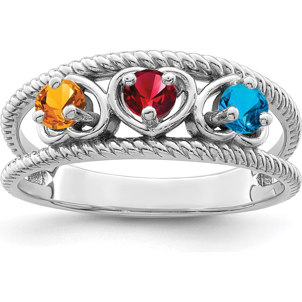 14K White Gold 3-Stone Heart-Shaped Gemstone Ring with Red, Orange, and Blue Gems - Family Jewelry Design by Oro Pregiato