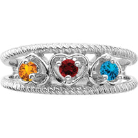14K White Gold 3-Stone Heart-Shaped Gemstone Ring with Red, Orange, and Blue Gems - Family Jewelry Design by Oro Pregiato