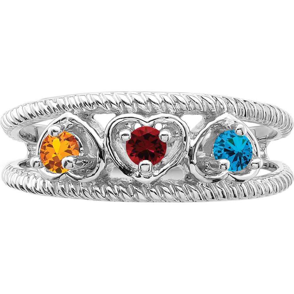 14K White Gold 3-Stone Heart-Shaped Gemstone Ring with Red, Orange, and Blue Gems - Family Jewelry Design by Oro Pregiato