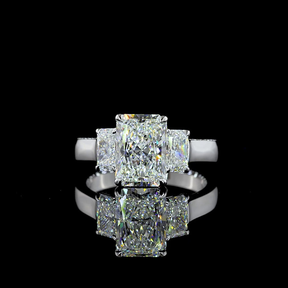 14K White Gold 3-Stone Hidden Halo Ring with 2.56 Carat Radiant Cut D VVS2 Lab Diamond, Side Radiants and Round Diamond Halo - 3.72 Carat Total Diamond Weight - Covaloro Fine Jewelry