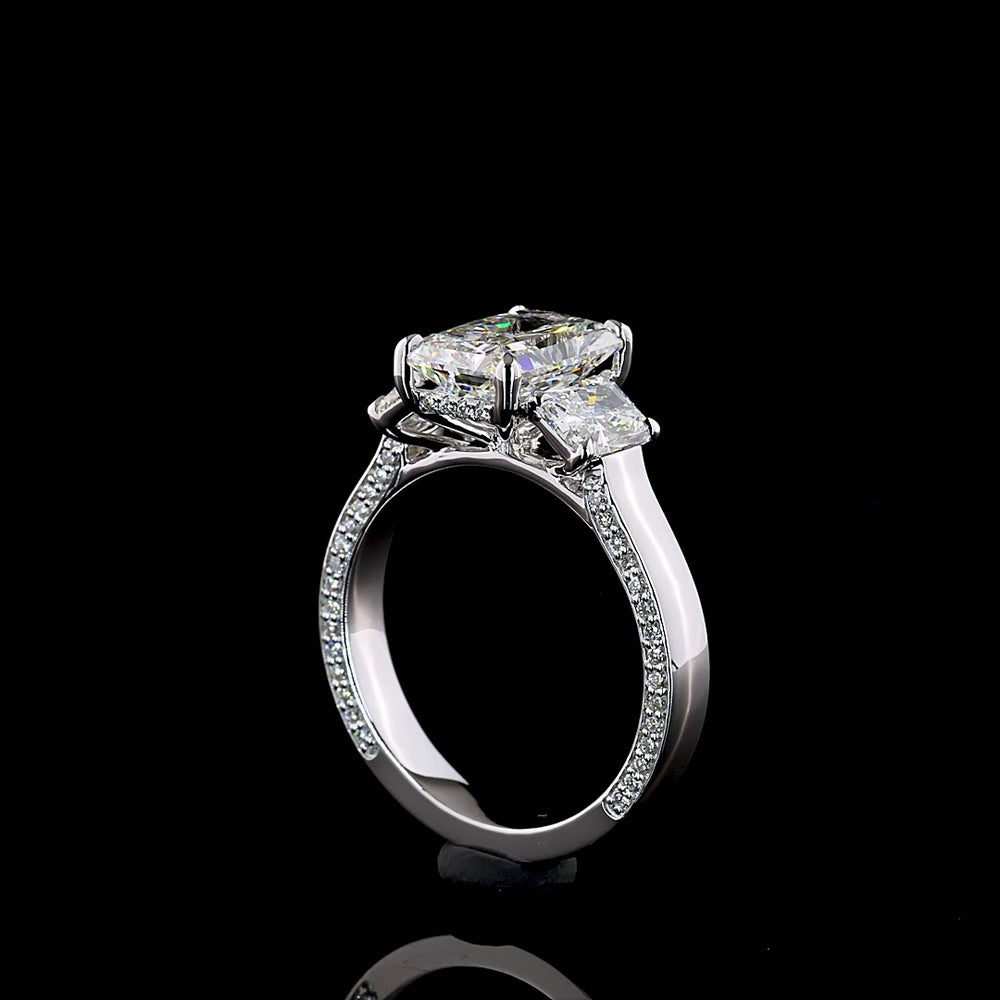 14K White Gold 3-Stone Hidden Halo Ring with 2.56 Carat Radiant Cut D VVS2 Lab Diamond, Side Radiants and Round Diamond Halo - 3.72 Carat Total Diamond Weight - Covaloro Fine Jewelry