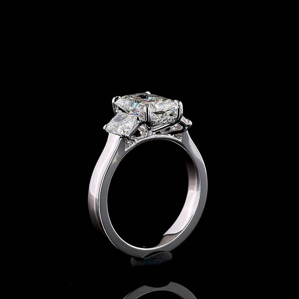 14K White Gold 3-Stone Hidden Halo Ring with 2.56 Carat Radiant Cut D VVS2 Lab Diamond, Side Radiants and Round Diamond Halo - 3.72 Carat Total Diamond Weight - Covaloro Fine Jewelry