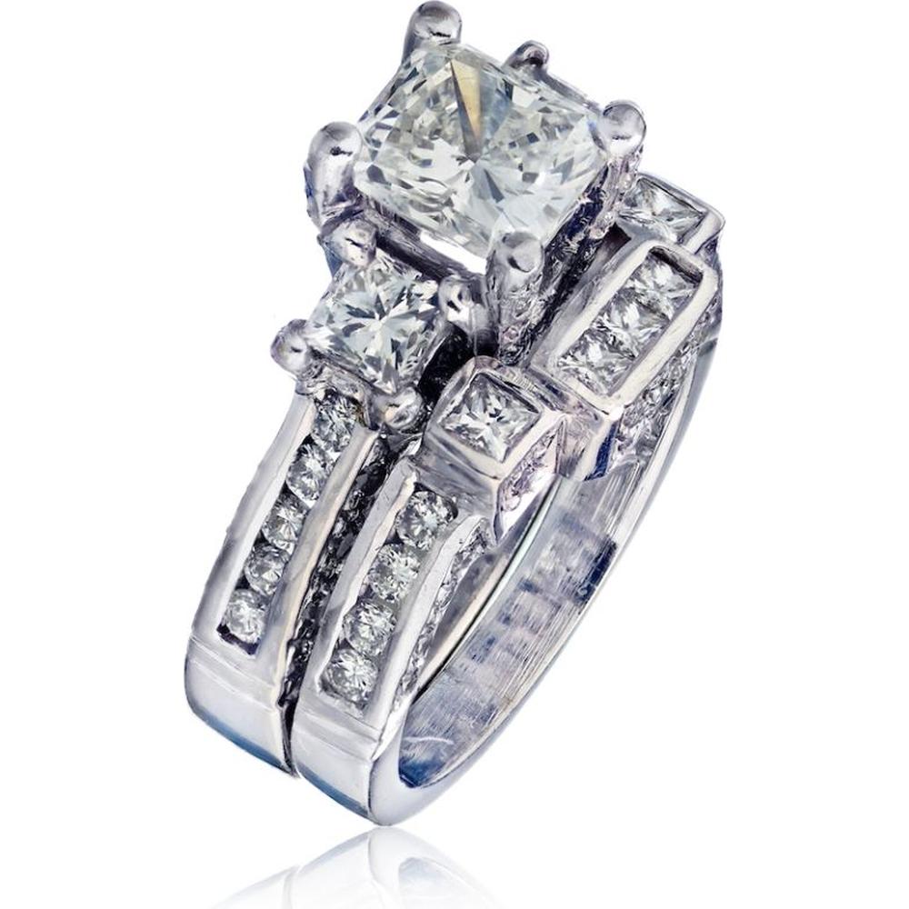 14K White Gold 3-Stone Princess Cut Diamond Engagement Ring with Channel Set Round Diamonds - 1.02 Carats Total Diamond Weight