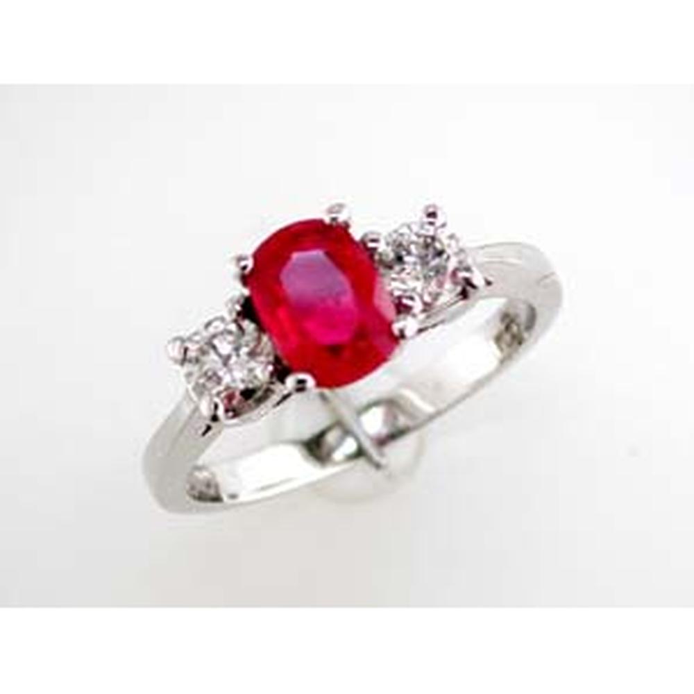 14K White Gold 3-Stone Ring with 0.85 Carat Oval Ruby and 0.50 Carat Round Diamond Accents - 1.35 Carat Total Gem Weight - Royal Jewelry