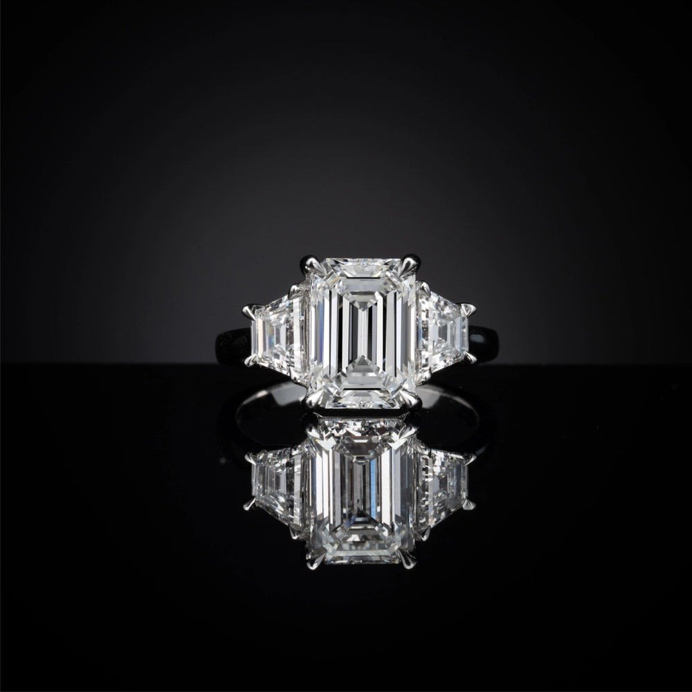 14K White Gold 3-Stone Ring with 1.00 Carat Emerald Cut Lab Diamond and 0.33 Carat Trapezoid Lab Diamonds E VS1 - Total 1.33 Carats - Covaloro Fine Jewelry