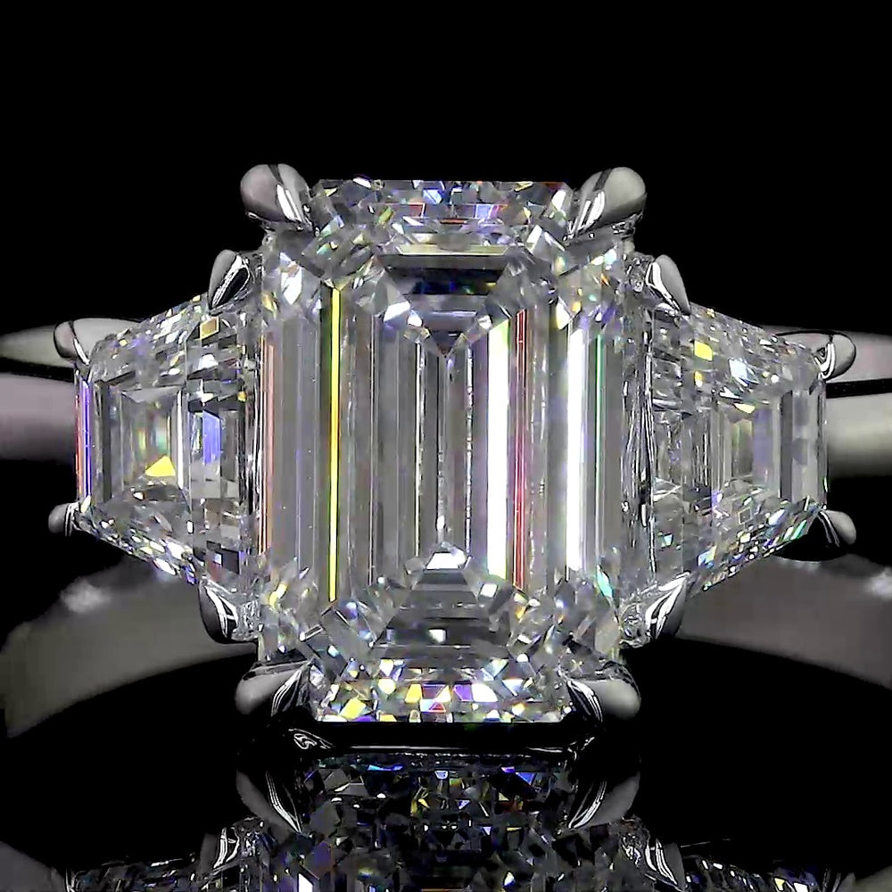 14K White Gold 3-Stone Ring with 1.00 Carat Emerald Cut Lab Diamond and 0.33 Carat Trapezoid Lab Diamonds E VS1 - Total 1.33 Carats - Covaloro Fine Jewelry