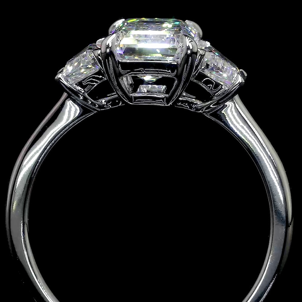 14K White Gold 3-Stone Ring with 1.00 Carat Emerald Cut Lab Diamond and 0.33 Carat Trapezoid Lab Diamonds E VS1 - Total 1.33 Carats - Covaloro Fine Jewelry