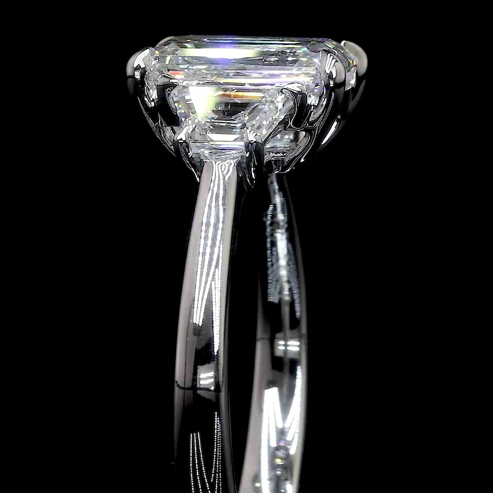 14K White Gold 3-Stone Ring with 1.00 Carat Emerald Cut Lab Diamond and 0.33 Carat Trapezoid Lab Diamonds E VS1 - Total 1.33 Carats - Covaloro Fine Jewelry