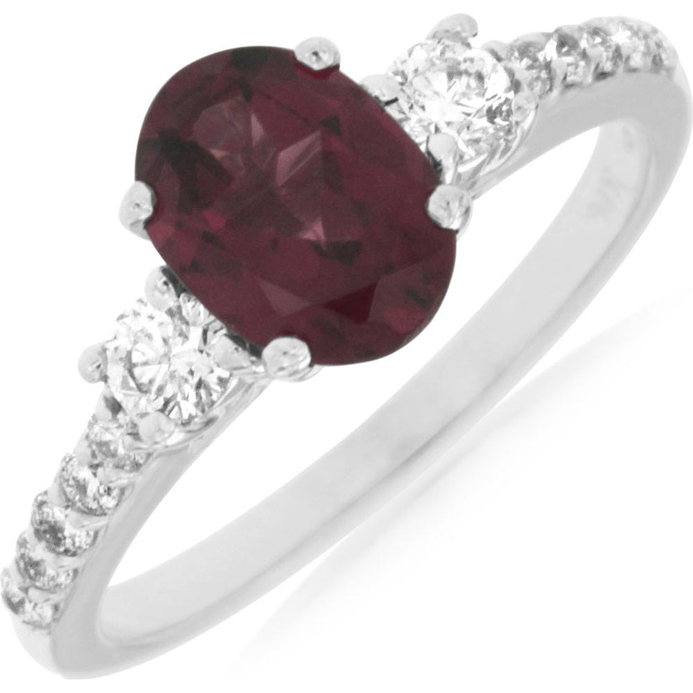 14K White Gold 3-Stone Ring with 1.55 Carat Oval Rhodolite Garnet and 0.45 Carat Round Diamond Accents - Royal Jewelry