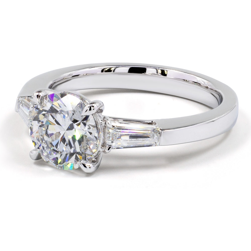 14K White Gold 3-Stone Ring with 1.56 Carat Round Brilliant Lab Diamond and Baguette Side Stones - 1.95 Carat Total Diamond Weight - Covaloro Fine Jewelry