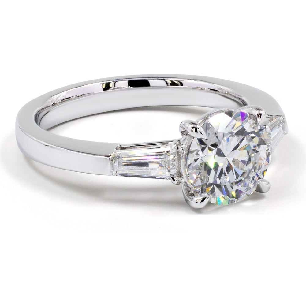 14K White Gold 3-Stone Ring with 1.56 Carat Round Brilliant Lab Diamond and Baguette Side Stones - 1.95 Carat Total Diamond Weight - Covaloro Fine Jewelry