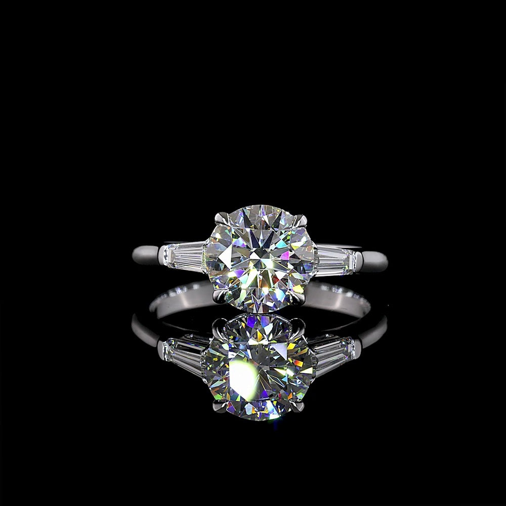 14K White Gold 3 Stone Ring with 2.04 Carats Round Brilliant Lab Diamond and Baguette Side Stones - 2.44 Carats Total Diamond Weight - Covaloro Fine Jewelry