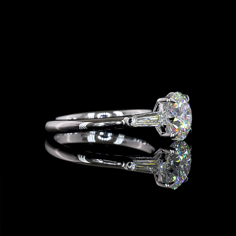 14K White Gold 3 Stone Ring with 2.04 Carats Round Brilliant Lab Diamond and Baguette Side Stones - 2.44 Carats Total Diamond Weight - Covaloro Fine Jewelry