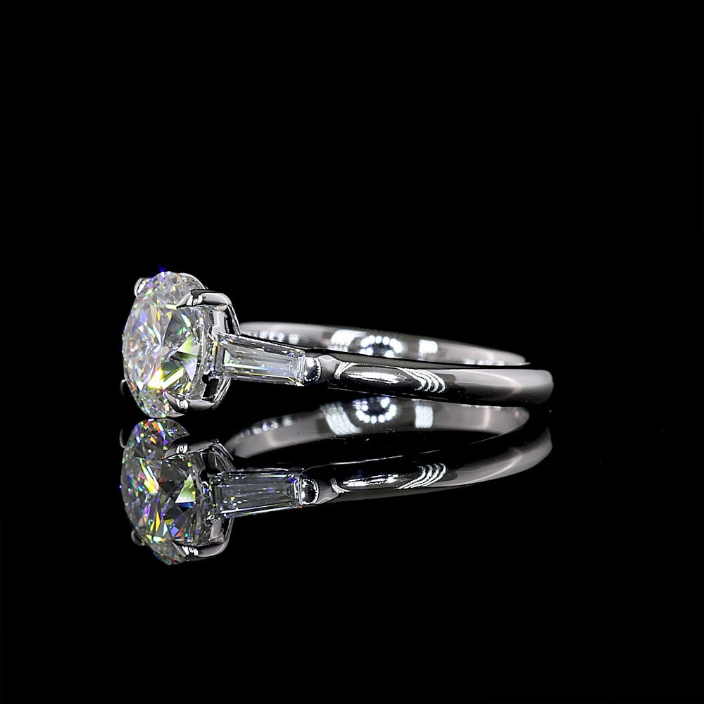 14K White Gold 3 Stone Ring with 2.04 Carats Round Brilliant Lab Diamond and Baguette Side Stones - 2.44 Carats Total Diamond Weight - Covaloro Fine Jewelry