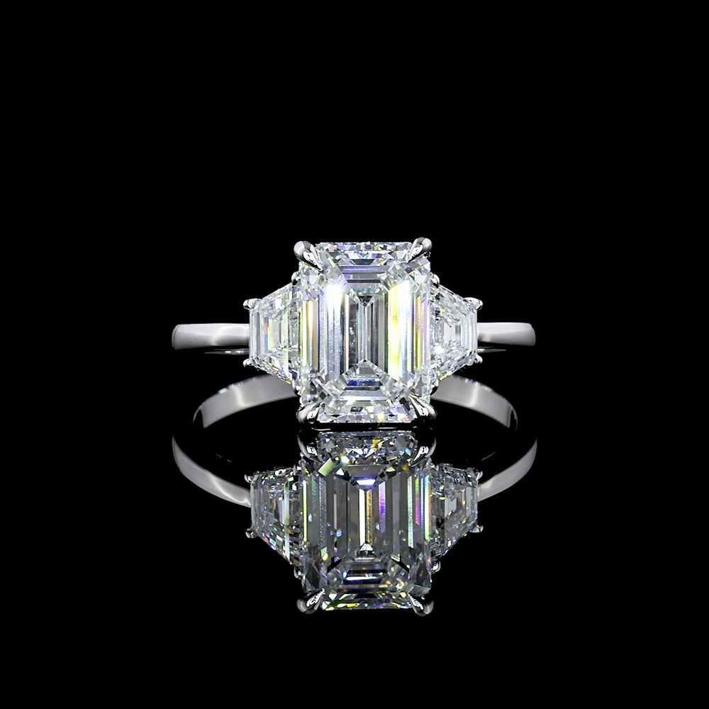14K White Gold 3-Stone Ring with 2.12 Carat Emerald Cut Lab Diamond and Trapezoid Side Stones - 2.67 Carat Total Diamond Weight - Covaloro Fine Jewelry