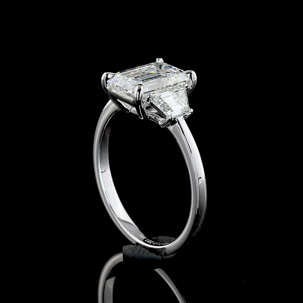 14K White Gold 3-Stone Ring with 2.12 Carat Emerald Cut Lab Diamond and Trapezoid Side Stones - 2.67 Carat Total Diamond Weight - Covaloro Fine Jewelry