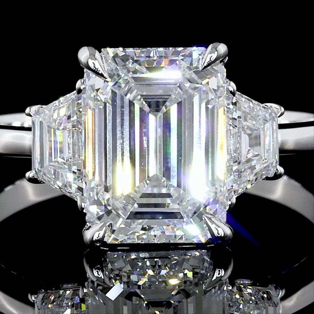 14K White Gold 3-Stone Ring with 2.12 Carat Emerald Cut Lab Diamond and Trapezoid Side Stones - 2.67 Carat Total Diamond Weight - Covaloro Fine Jewelry