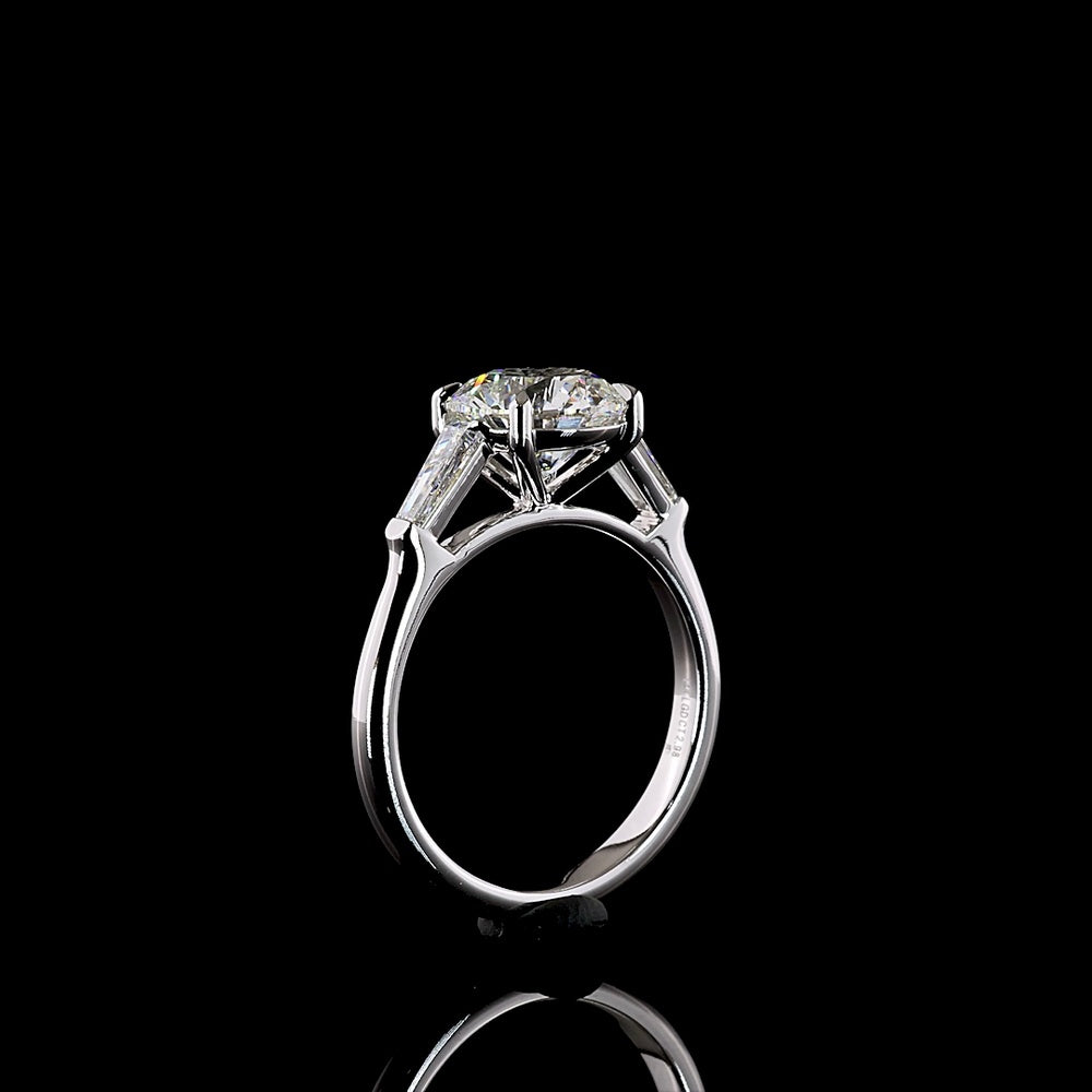 14K White Gold 3 Stone Ring with 2.50 Carat Round Brilliant Lab Diamond and 0.50 Carat Baguette Lab Diamonds - 3.00 Carat Total Diamond Weight - Covaloro Fine Jewelry