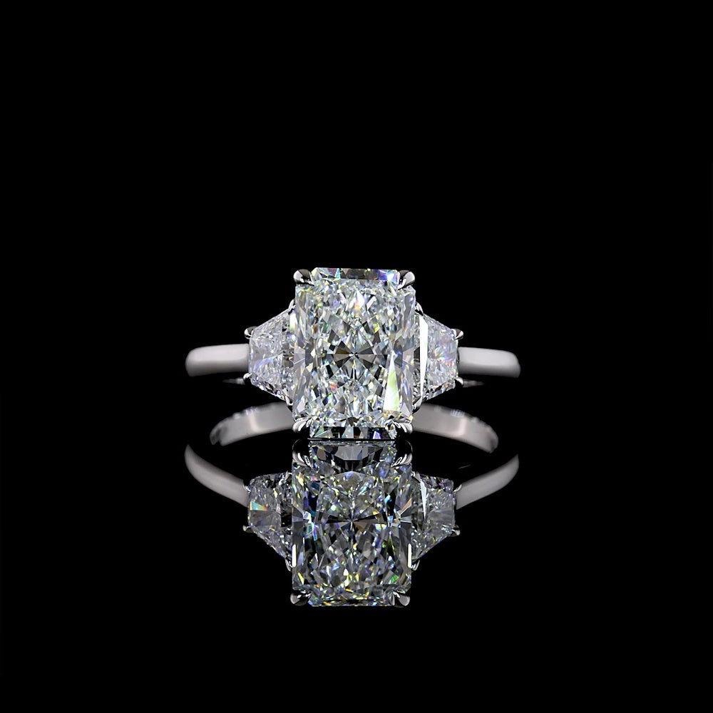 14K White Gold 3-Stone Ring with 2.54 Carats Radiant Cut Lab Diamond and 0.74 Carats Trapezoid Side Stones - 3.28 Carats Total Diamond Weight - Covaloro Fine Jewelry